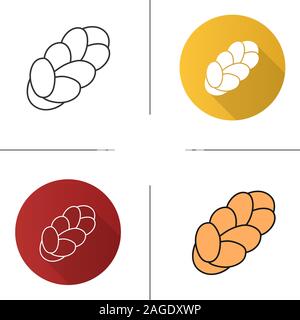 Challah icon. Flat design, linear and color styles. Holiday jewish braided bread. Challot, challos. Isolated vector illustrations Stock Vector