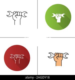 Hand holding wrench icon. Flat design, linear and color styles. Double open ended spanner. Isolated vector illustrations Stock Vector