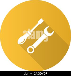 Screwdriver and spanner flat design long shadow glyph icon. Repair service. Auto workshop. Vector silhouette illustration Stock Vector