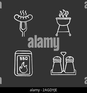Barbecue chalk icons set. Coal, salt and pepper shakers, grilled sausage on carving fork, kettle grill. Isolated vector chalkboard illustrations Stock Vector