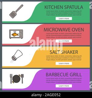 Barbecue web banner templates set. Website color menu items. BBQ. Kitchen spatula, microwave oven cooking, salt shaker, grill. Vector headers design c Stock Vector