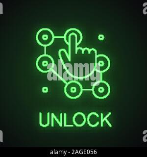 Lock pattern neon light icon. Hand entering smartphone password. Security glowing sign. Vector isolated illustration Stock Vector
