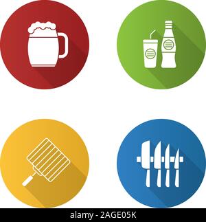 Barbecue flat design long shadow glyph icons set. BBQ. Beer mug, cold drink, hand grill, knives set. Vector silhouette illustration Stock Vector