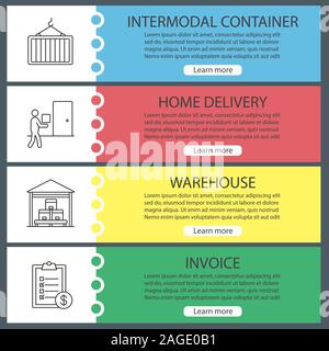 Cargo shipping web banner templates set. Intermodal container, home delivery, warehouse, invoice.  Website color menu items with linear icons. Vector Stock Vector
