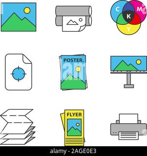 Printing color icons set. Polygraphy and typography. Digital image, printers, cmyk color model, printing registration mark, poster, billboard, folded Stock Vector