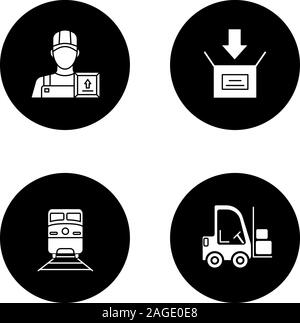Cargo shipping glyph icons set. Delivery service. Loader man, parcel packing, train, forklift. Vector white silhouettes illustrations in black circles Stock Vector