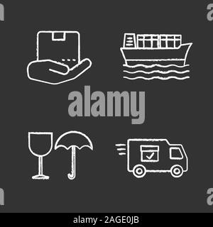 Cargo shipping chalk icons set. Delivery service. Open hand with parcel, cargo vessel, fragile, delivery van. Isolated vector chalkboard illustrations Stock Vector