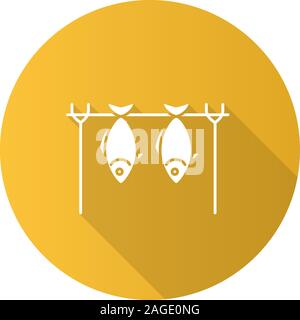 Grilled fish flat design long shadow glyph icon. Drying fish. Vector silhouette illustration Stock Vector