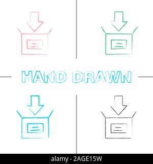 Parcel packing hand drawn icons set. Open box with down arrow. Downloading color brush stroke. Isolated vector sketchy illustrations Stock Vector