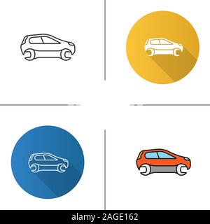 Car with spanner icon. Flat design, linear and color styles. Repair service. Auto workshop. Isolated vector illustrations Stock Vector