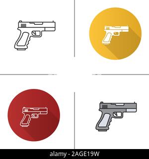 Gun, pistol icon. Flat design, linear and color styles. Firearm. Isolated vector illustrations Stock Vector