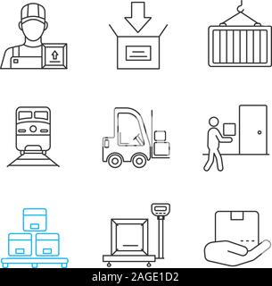 Cargo shipping linear icons set. Loader man, parcel packing, container, train, forklift, courier, warehouse, scales, cargo in hand. Thin line contour Stock Vector