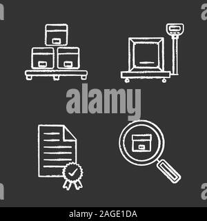 Cargo shipping chalk icons set. Delivery service. Warehouse, cargo weighing, certificate, parcel tracking. Isolated vector chalkboard illustrations Stock Vector