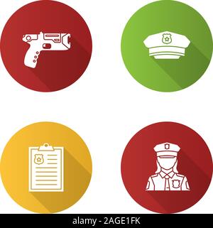 Police flat design long shadow glyph icons set. Taser, hat, police report, policewoman. Vector silhouette illustration Stock Vector