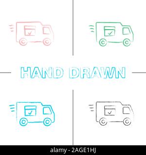Delivery van with checkmark hand drawn icons set. Fast shipping color brush stroke. Freight transport. Isolated vector sketchy illustrations Stock Vector