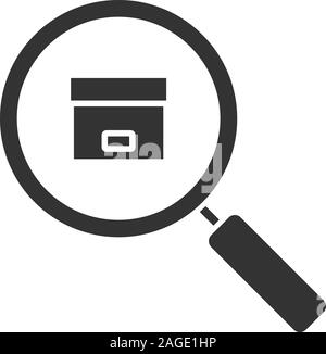Parcel tracking service glyph icon. Silhouette symbol. Magnifying glass with cardboard package. Negative space. Vector isolated illustration Stock Vector