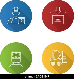 Cargo shipping flat linear long shadow icons set. Delivery service. Loader man, parcel packing, train, forklift. Vector outline illustration Stock Vector