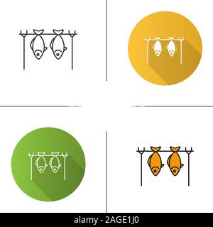 Grilled fish icon. Flat design, linear and color styles. Drying fish. Isolated vector illustrations Stock Vector