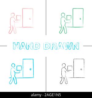 Home delivery hand drawn icons set. Courier color brush stroke. Deliveryman with parcel at door. Isolated vector sketchy illustrations Stock Vector