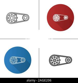 Sprocket wheel with chain icon. Flat design, linear and color styles. Drive belt on pulley. Isolated vector illustrations Stock Vector