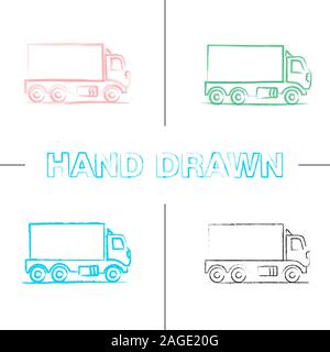 Delivery truck hand drawn icons set. Color brush stroke. Freight transport. Isolated vector sketchy illustrations Stock Vector