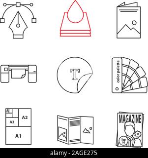 Printing linear icons set. Fountain pen, ink, brochure, large format printer, round sticker, palettes, paper sizes, booklet, magazine. Thin line conto Stock Vector