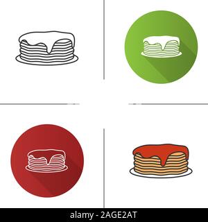 Pancakes stack with jam or honey icon. Flat design, linear and color styles. Isolated vector illustrations Stock Vector