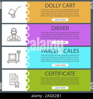 Cargo shipping web banner templates set. Delivery service. Dolly cart, driver, parcel scales, certificate. Website color menu items with linear icons. Stock Vector