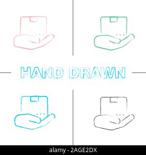 Open hand with parcel hand drawn icons set. Color brush stroke. Isolated vector sketchy illustrations Stock Vector