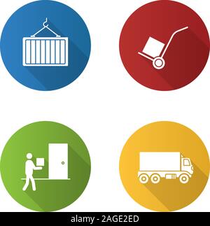 Cargo shipping flat design long shadow glyph icons set. Delivery service. Intermodal container, courier, delivery truck, dolly cart. Vector silhouette Stock Vector