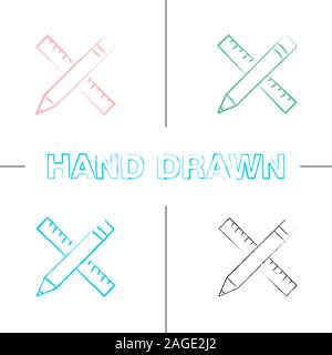 Ruler and pencil hand drawn icons set. Color brush stroke. Drawing and drafting tools. Isolated vector sketchy illustrations Stock Vector