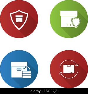 Cargo shipping flat design long shadow glyph icons set. Safe delivery service. Package with shield and padlock, parcel return. Vector silhouette illus Stock Vector