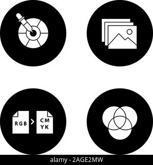 Printing glyph icons set. Polygraphy and typography. Color picker tool, digital images, color models conversion, overlapping circles. Vector white sil Stock Vector