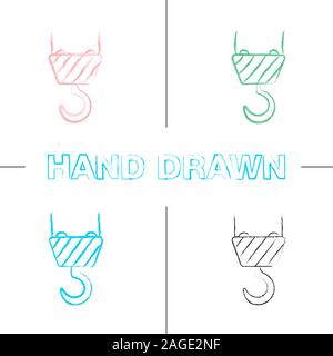 Cargo crane hook hand drawn icons set. Wire rope hoist. Color brush stroke. Isolated vector sketchy illustrations Stock Vector