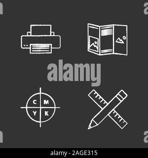 Printing chalk icons set. Printer, folded brochure, cmyk color model, pencil and ruler. Isolated vector chalkboard illustrations Stock Vector