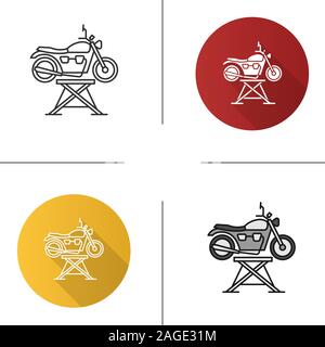 Motorbike jack icon. Flat design, linear and color styles. Motorcycle repair lift. Isolated vector illustrations Stock Vector