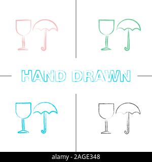 Fragile hand drawn icons set. Keep dry. Handle with care color brush stroke. Isolated vector sketchy illustrations Stock Vector