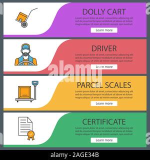 Cargo shipping web banner templates set. Delivery service. Dolly cart, driver, parcel scales, certificate. Website color menu items. Vector headers de Stock Vector
