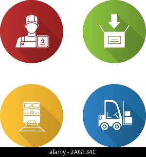 Cargo shipping flat design long shadow glyph icons set. Delivery service. Loader man, parcel packing, train, forklift. Vector silhouette illustration Stock Vector