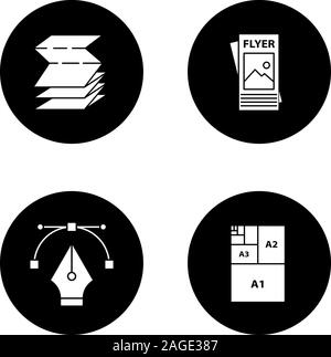 Printing glyph icons set. Polygraphy and typography. Folded brochure, flyer, fountain pen nib, paper sizes. Vector white silhouettes illustrations in Stock Vector