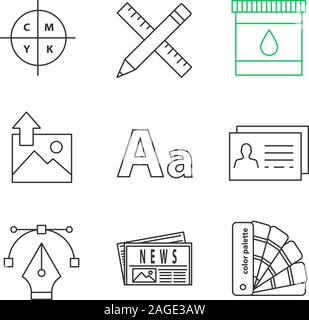 Printing linear icons set. Cmyk model, pencil and ruler, ink, image, font, business card, fountain pen nib, newspaper, color palettes. Thin line conto Stock Vector