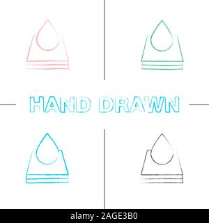 Printing hand drawn icons set. Paper or fabric with paint drop. Color brush stroke. Isolated vector sketchy illustrations Stock Vector