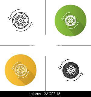 Automobile wheel changing icon. Flat design, linear and color styles. Car rim and tire with circle arrow. Isolated vector illustrations Stock Vector