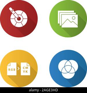 Printing flat design long shadow glyph icons set. Polygraphy and typography. Color picker tool, digital images, color models conversion, overlapping c Stock Vector