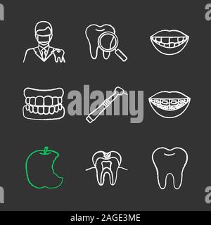 Dentistry chalk icons set. Stomatology. Dentist, teeth check, denture, missing tooth, dental drill, braces, bitten apple, caries, healthy molar. Isola Stock Vector