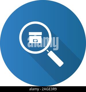 Parcel tracking service flat design long shadow glyph icon. Magnifying glass with cardboard package. Vector silhouette illustration Stock Vector
