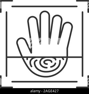 Biometric hand scanning linear icon. Palm recognition. Thin line illustration. Fingerprint identification. Contour symbol. Vector isolated outline dra Stock Vector