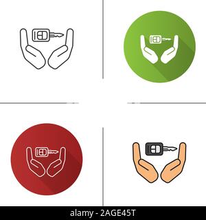 Open palms with car key icon. Flat design, linear and color styles. Real estate insurance. Car alarm system. Isolated vector illustrations Stock Vector