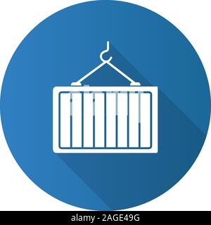 Intermodal container flat design long shadow glyph icon. Shipping container on crane hook. Freight loading. Vector silhouette illustration Stock Vector