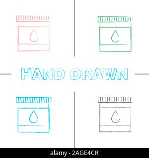 Printer cartridge ink hand drawn icons set. Color brush stroke. Plastic bottle with drop. Isolated vector sketchy illustrations Stock Vector